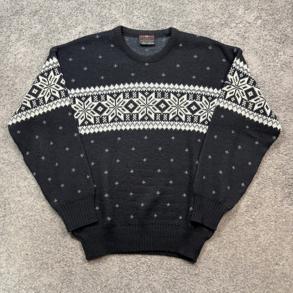 White Ram Nordic Snowflake Sweater Black XL Vintage Fair Isle Crewneck